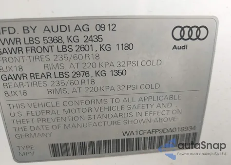 2013 Audi Q5 2.0T Premium z USA, uszkodzony, nr VIN WA1CFAFP9DA018934